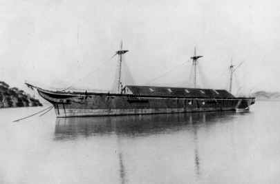 The warship USS Omaha anchored in Hospital Cove, 1896. Obtained from the Navy in 1892, its boilers were used to supply superheated steam for fumigation of infected ships and passengers belongings.